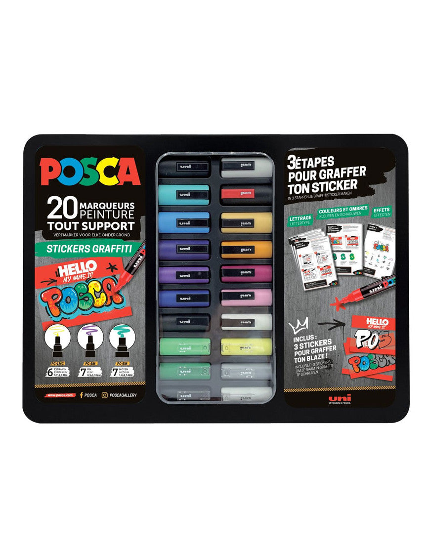 Marqueur peinture POSCA Mallette Stickers Graffiti - 20 marqueurs