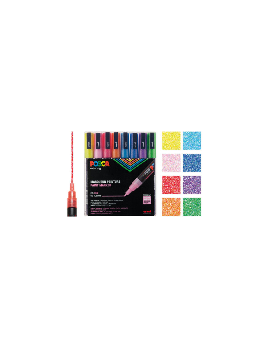Marqueur peinture POSCA, Pack, Lot de 8 Paillettes PC-3M - Pochette